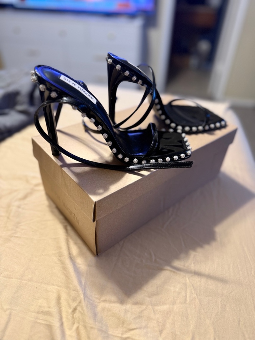 Steve Madden Black Rhinestone Strap Stiletto Heels